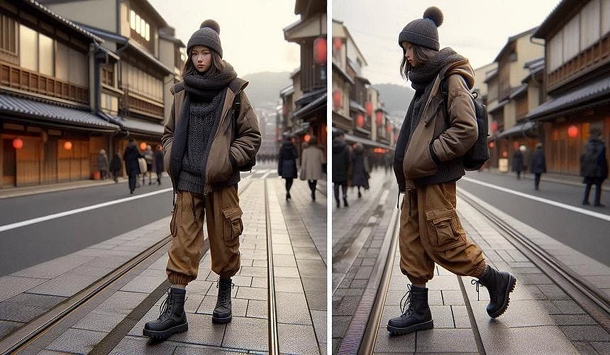 一個女生穿著冬季服飾走在街道上