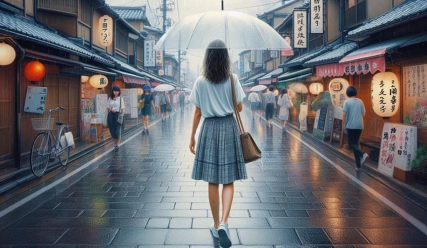 一個女生穿著下季服飾走在下雨的街道上