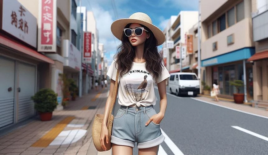 一個女生穿著夏季服飾走在街道上