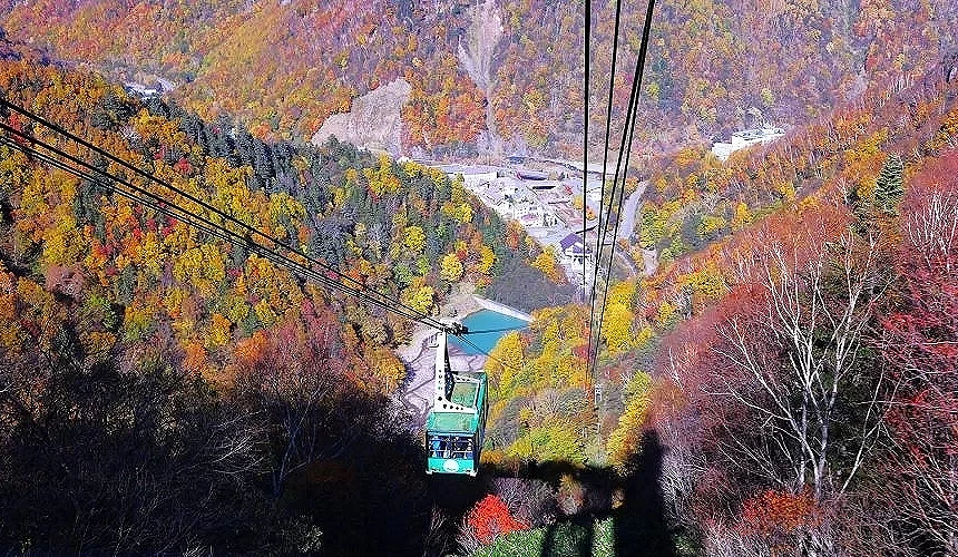 秋季時分,黑岳口纜車經過兩側開滿紅葉的山谷