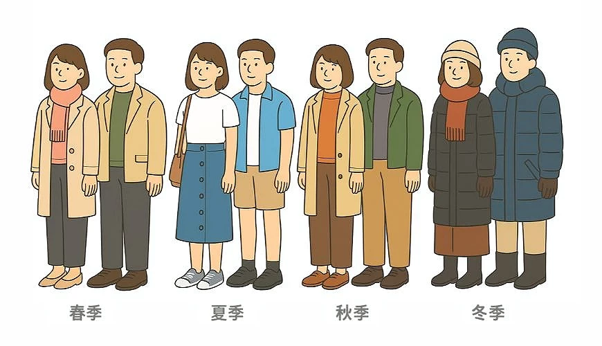 旭川的四季穿著建議,一對男女由左至右從春夏秋冬示範