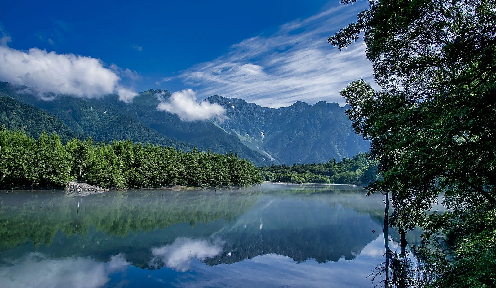 後方有連綿山脈,前面是綠色樹林和一面湖