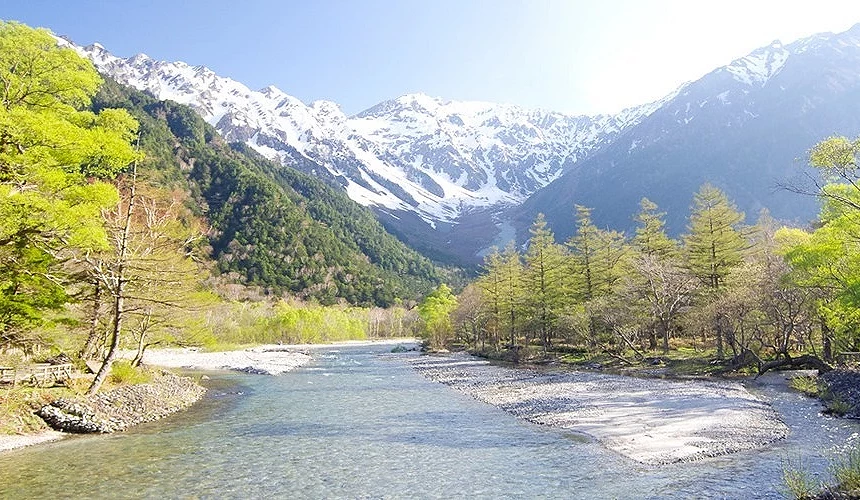 覆蓋積雪的山脈,前面有一條溪流,兩側有淺綠色樹林