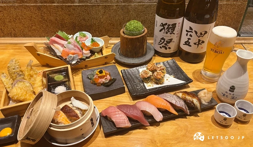 各種壽司、生魚片、天婦羅與日本酒