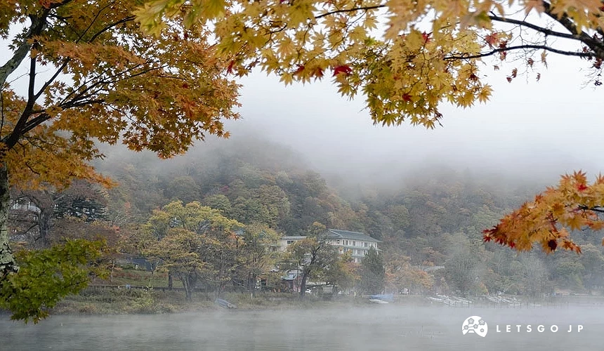 湖畔風景加上秋楓的點綴宛如幅畫