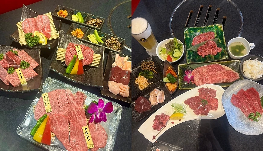 多盤和牛肉片與小菜擺盤整齊,搭配啤酒與白飯