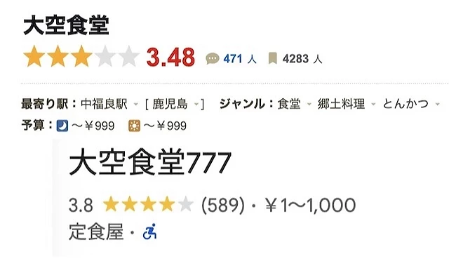 日本美食網站及googlemap評分截圖