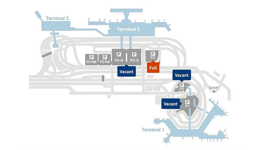 成田機場停車場分布示意圖,標示第一航廈的 P-1、P-5 及第二航廈的 P-2、P-3 停車場位置,第三航廈旅客可使用第二航廈停車場並步行或搭接駁巴士前往