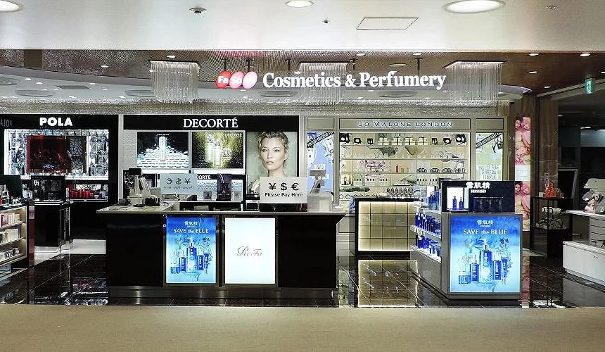 成田機場第三航廈內的Fa-So-La Cosmetics & Perfumery免稅店,陳列POLA、DECORTÉ與Jo Malone London等化妝品與香水品牌的櫃位