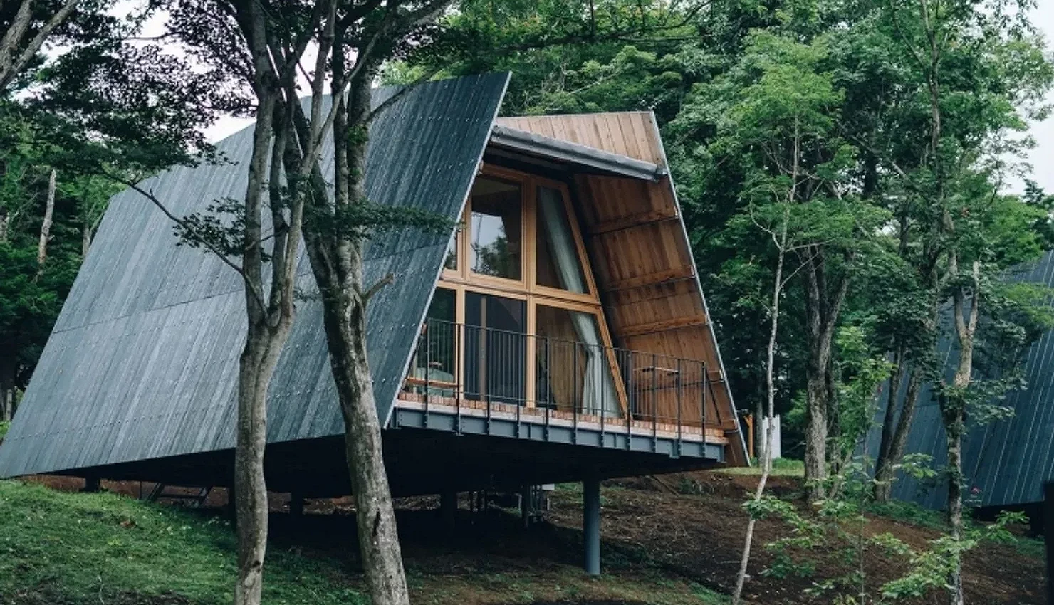 森林中以木材與金屬構成的A字形屋頂建築