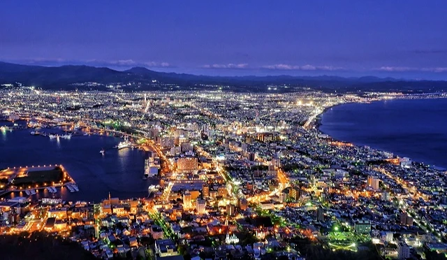 從高處眺望函館市區,夜景燈光呈扇形向海灣延伸,天空呈現深藍色的黃昏景致