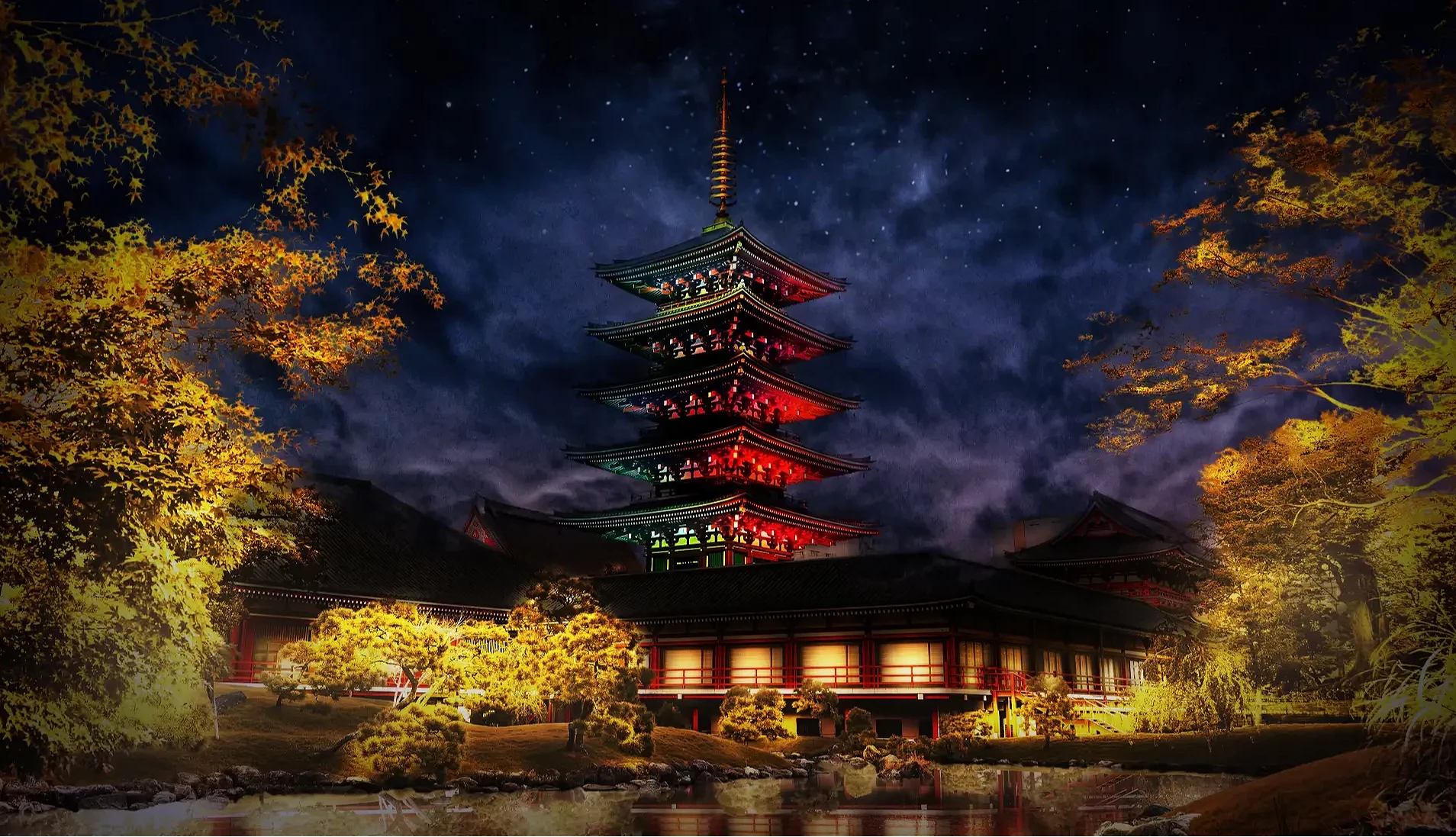 夜晚燈光下的傳法院庭園