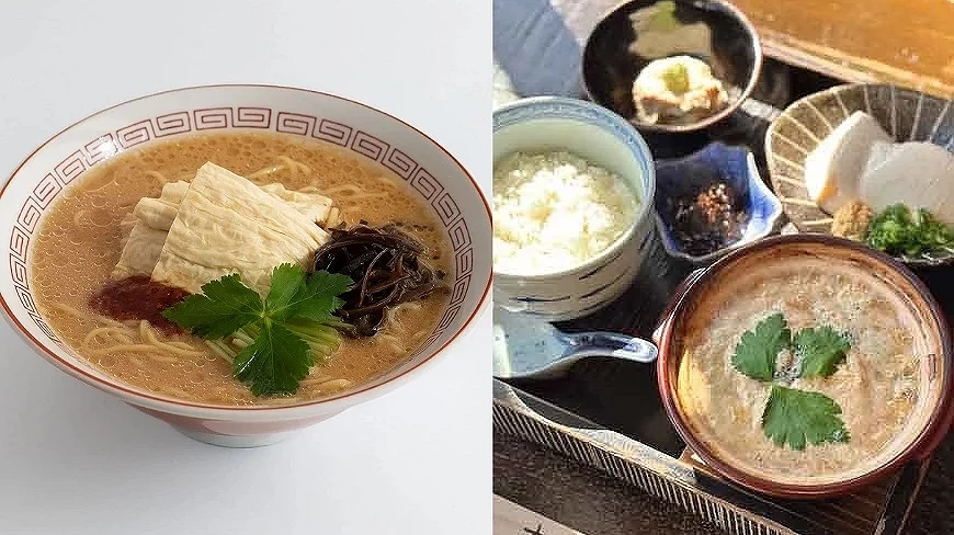 左邊為湯葉佐料的拉麵,右邊為湯葉丼定食