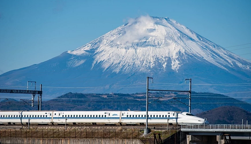 新幹線列車行駛過富士山腳