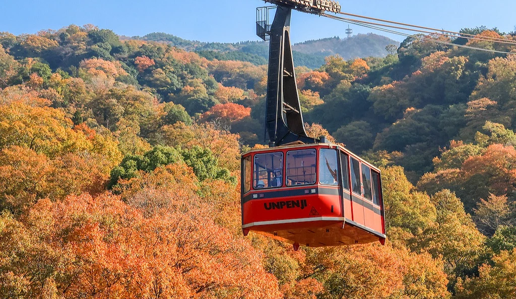 紅葉山林與紅色纜車