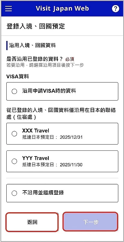 Visit Japan Web 填寫教學:沿用入境、回國資料頁面,詢問是否沿用已登錄的資料。選項包括:沿用申請VISA時的資料、XXX Travel(預定日2025/12/31)、YYY Travel(預定日2025/11/30)、以及不沿用並繼續登錄。底部有返回和下一步按鈕的畫面