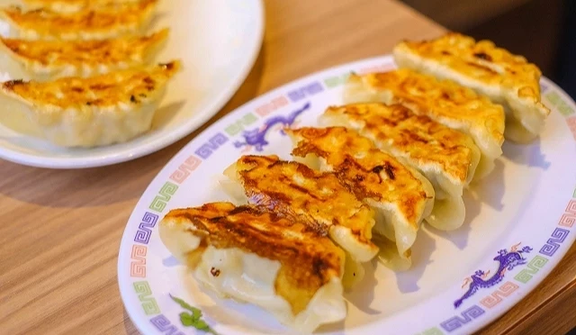 盤中擺放整齊的宇都宮煎餃,餃子表面煎至金黃酥脆