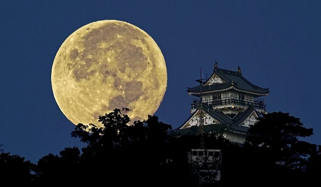 夜空中一輪巨大的金色滿月升起,位於山頂的岐阜城天守剪影清晰可見,整體呈現壯麗而神祕的景色