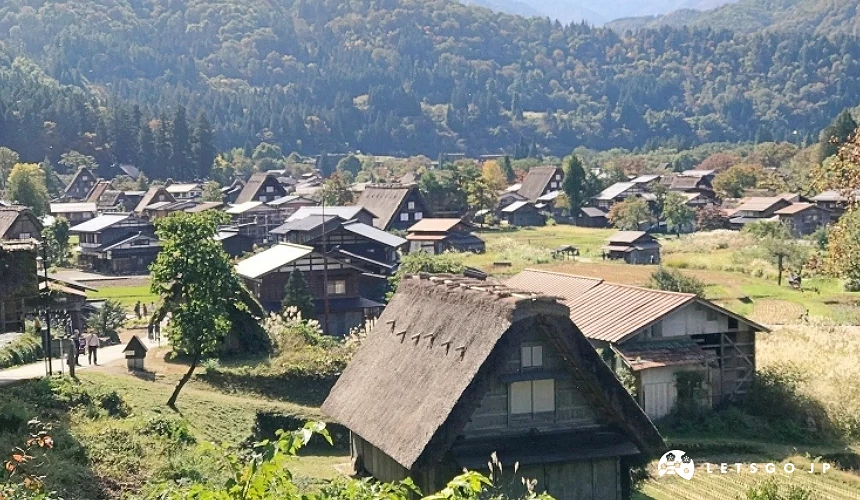 白川鄉合掌村的全景俯瞰圖,茅草屋分布在山谷與農田之間,背景是層層山巒,呈現寧靜自然的世界遺產聚落風光