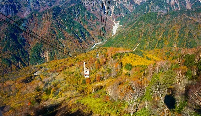 新穗高纜車行駛於高山間,周圍山坡覆滿秋季紅葉與金黃色林木,遠處可見北阿爾卑斯山脈