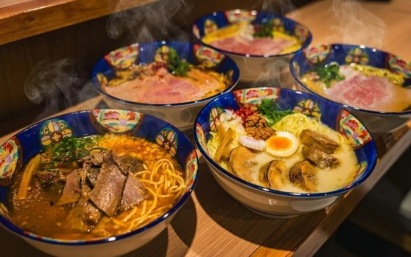 多碗不同口味的牛肉拉麵排列在吧檯上,碗中冒出熱氣