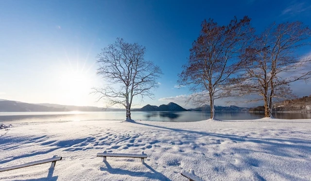 洞爺湖冬季雪景,湖畔覆蓋白雪,前景為長椅與樹木,遠方可見湖面與中島