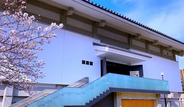 大阪四天王寺寶物館的現代化白色建築外觀,左側有盛開的粉白色櫻花點綴,藍天下的館舍設有灰色屋頂與現代玻璃扶手階梯