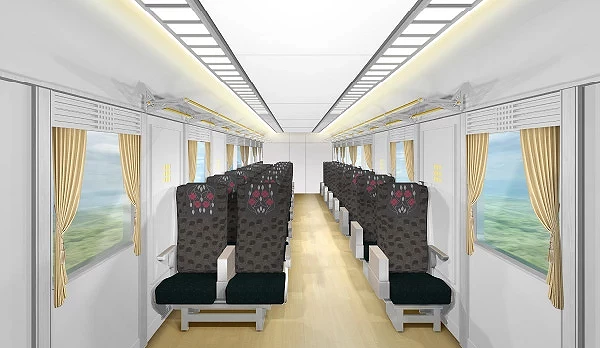 一列三排座椅的列車內裝