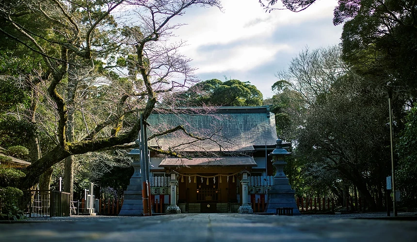 息栖神社的正面視角。畫面中央是木造的古老神社建築,被兩側茂密的綠樹與櫻花樹包圍。