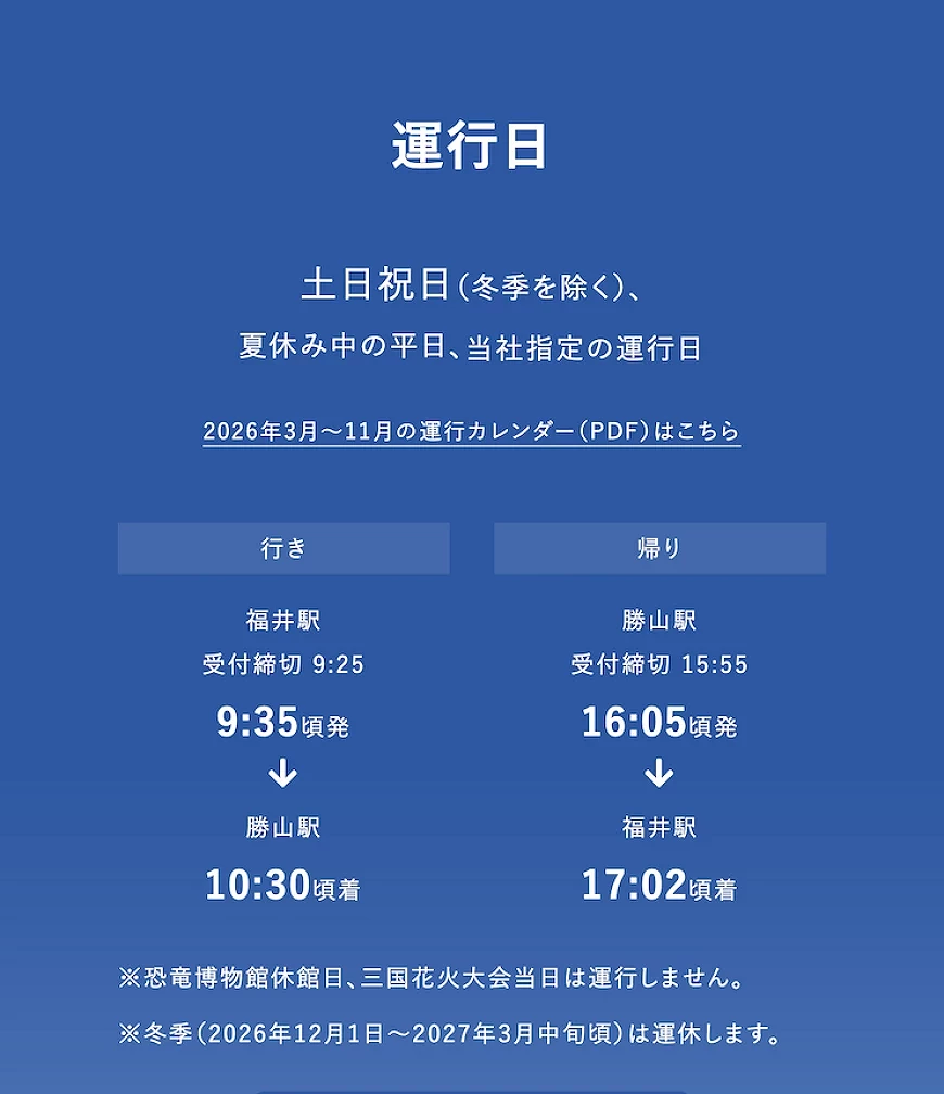 藍色背景顯示日文運行日期與時刻表,寫有福井站至勝山站往返班次資訊。