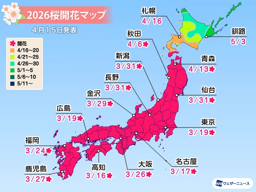Weather News2026櫻花開花日期預測圖