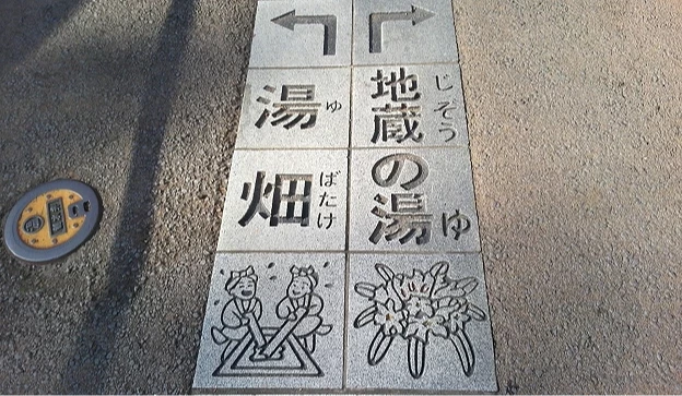 草津溫泉街地面石板指標標示湯畑與地藏之湯方向
