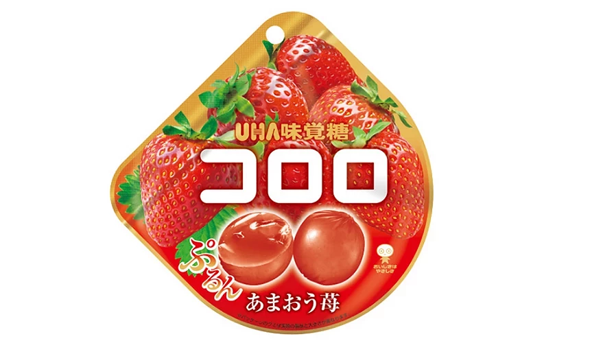 半圓形包裝袋,印有コロロ字樣與數顆鮮紅草莓圖案