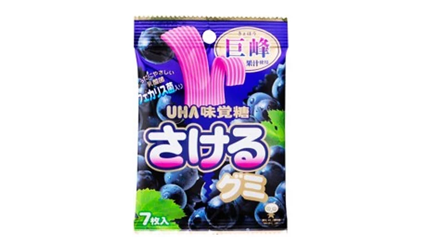 深藍色包裝袋,印有さける字樣與被撕開的長條狀軟糖圖案