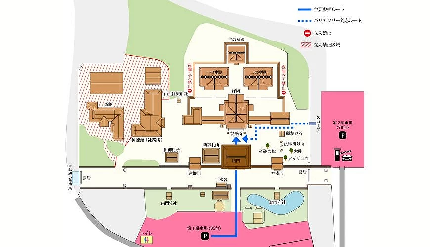 阿蘇神社境內地圖,圖中標示樓門、拜殿、三神殿、手水舍、第1與第2停車場,以及主要參拜路線