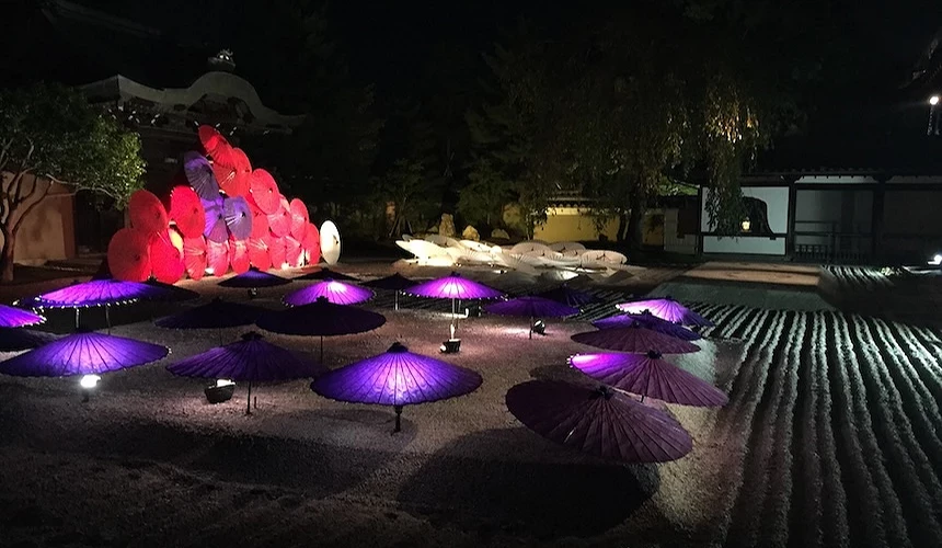高台寺方丈前庭夜間特別拜觀,枯山水搭配紫紅色和傘燈光裝飾