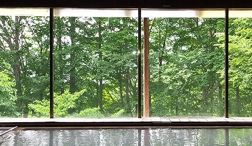 田澤高原旅館的溫泉浴池,大片落地窗外盡是茂密綠意盎然的樹林。