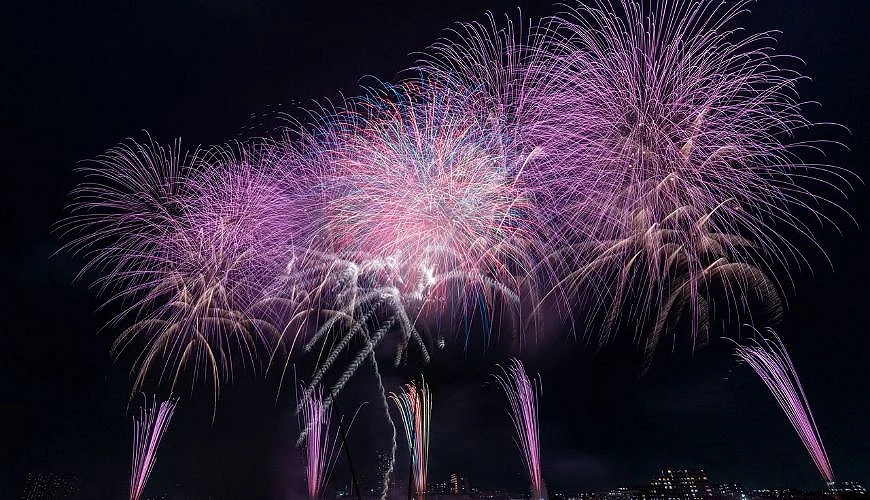 江戶川區花火大會夜空中綻放多層紫色與粉色大型煙火,下方可見河岸城市燈光