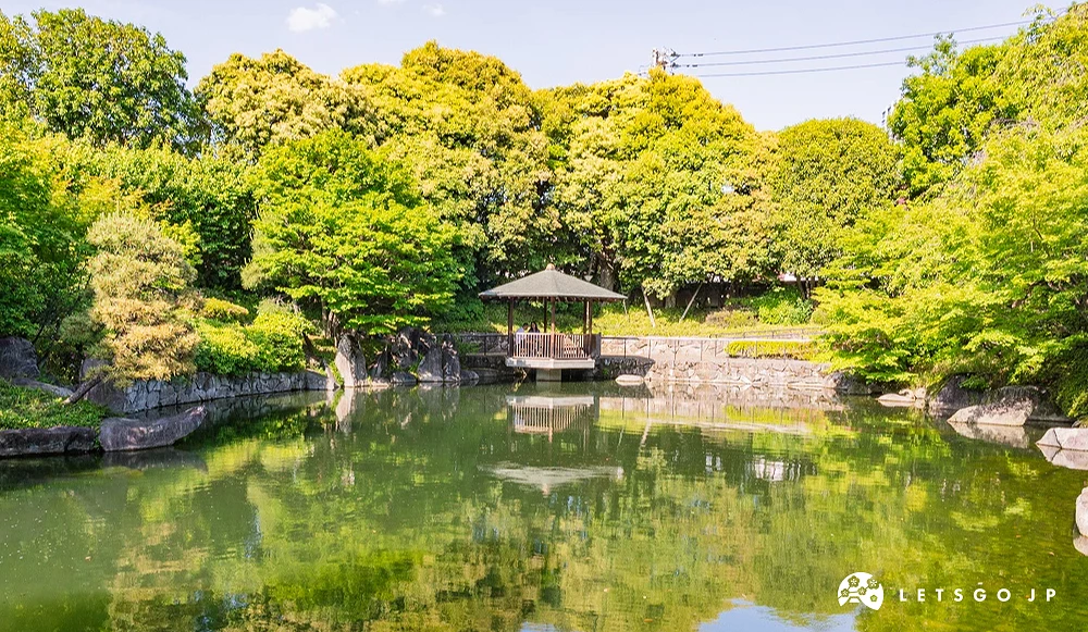 綠意盎然且湖面乾淨反射著植被的日式池塘,池塘前方有個涼亭