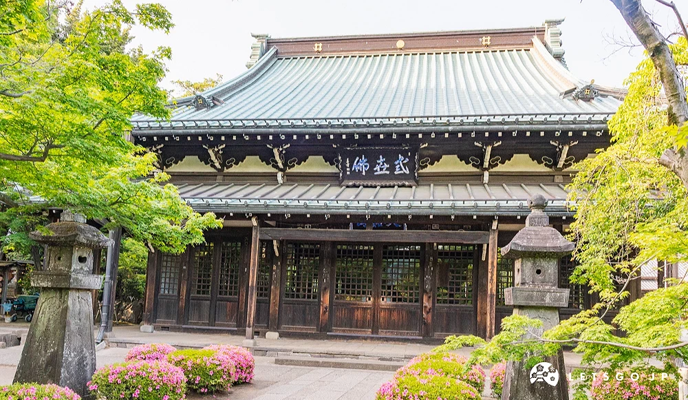寺廟前有個漂亮樹叢小道
