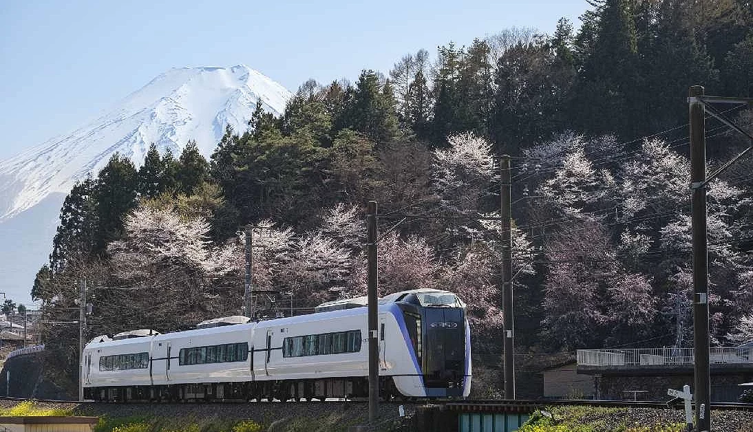 以高山白為底,搭配紫羅蘭色線條的「富士回遊」列車駛過富士山腳
