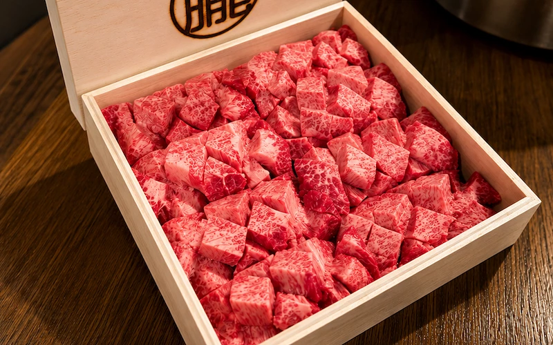 木盒中盛滿大理石紋路和牛骰子肉，盒蓋印有「朧」字品牌標誌