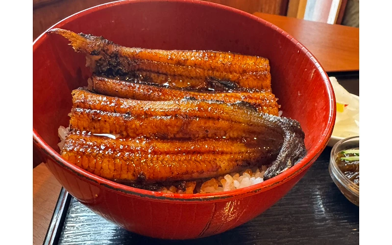紅色大碗盛多條整尾烤鰻魚,醬色光亮,蓋於白飯上
