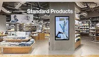 Standard Products 門市與商品陳列拼圖,展示簡約店裝、彩色包裝商品及多款餐盤與馬克杯