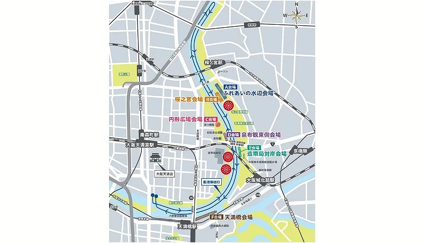 天神祭奉納煙火特別觀覽席會場地圖,標示A至F會場、船渡御巡行路線、煙火施放位置與周邊車站位置