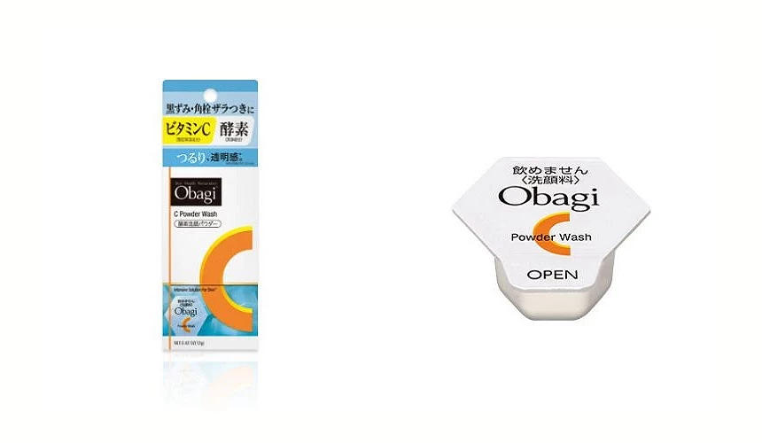 Obagi C 酵素潔面粉外盒與白色單次用量獨立包裝並排展示