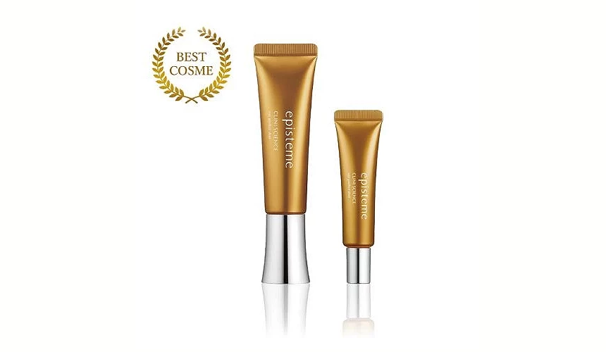 episteme CLINI SCIENCE金管緊緻眼霜 兩種容量的金色軟管包裝,旁有 BEST COSME 標誌