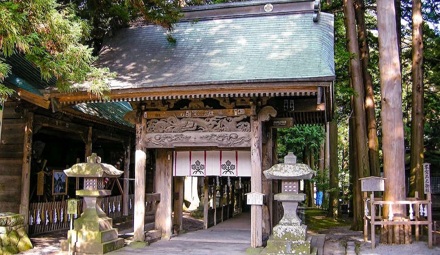 褐色木造神社殿堂,藍灰色屋頂與金色邊飾,白色紙拉門與黑色木製柱子,石製燈籠守衛兩側,木製平台與欄杆,左側附屬建築,高聳杉樹環繞遮蔭,石板參道鋪設,日本古神社建築歷史悠久莊嚴。