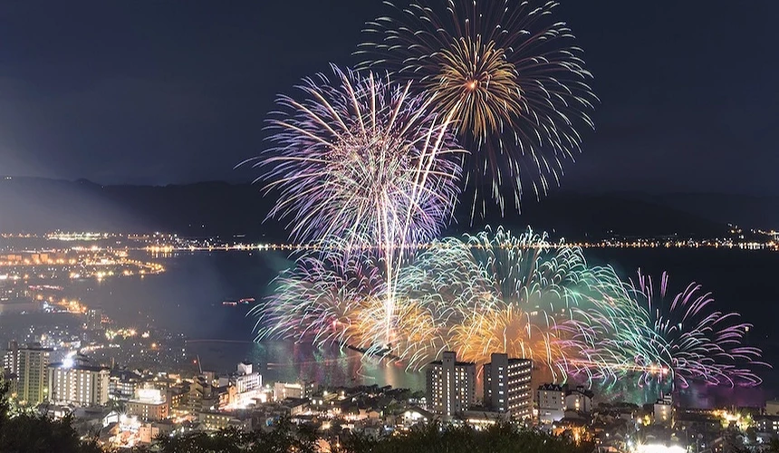 繽紛煙火綻放夜空,金黃紫綠色光芒交織,湖面倒映城鎮燈火,高樓與街道發光,暗藍夜空映襯,日本湖畔城鎮煙火祭典絢麗壯觀。