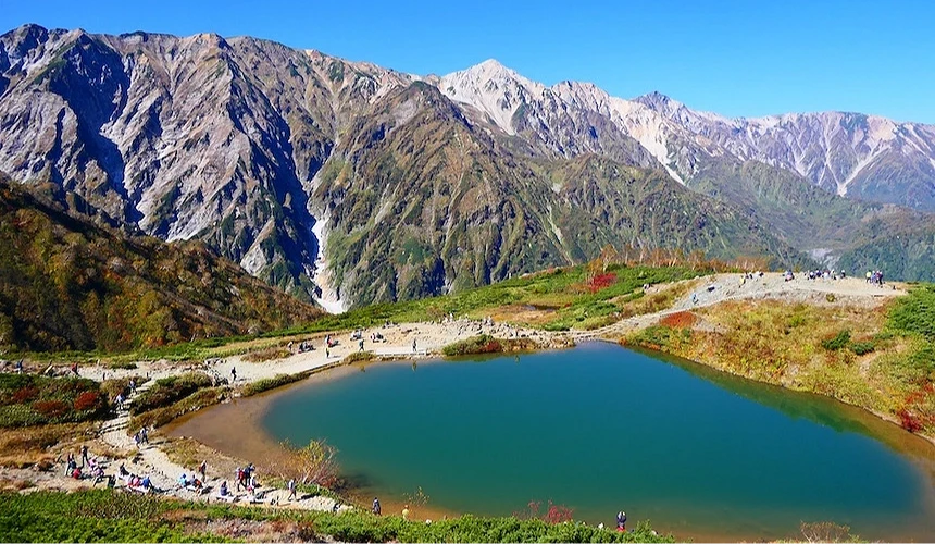 翡翠綠山湖倒映藍天,層疊高山聳立背後,遊客散佈湖畔與草坪,紫紅秋草與綠林點綴,日本高山秋季風景絢麗壯闊。
